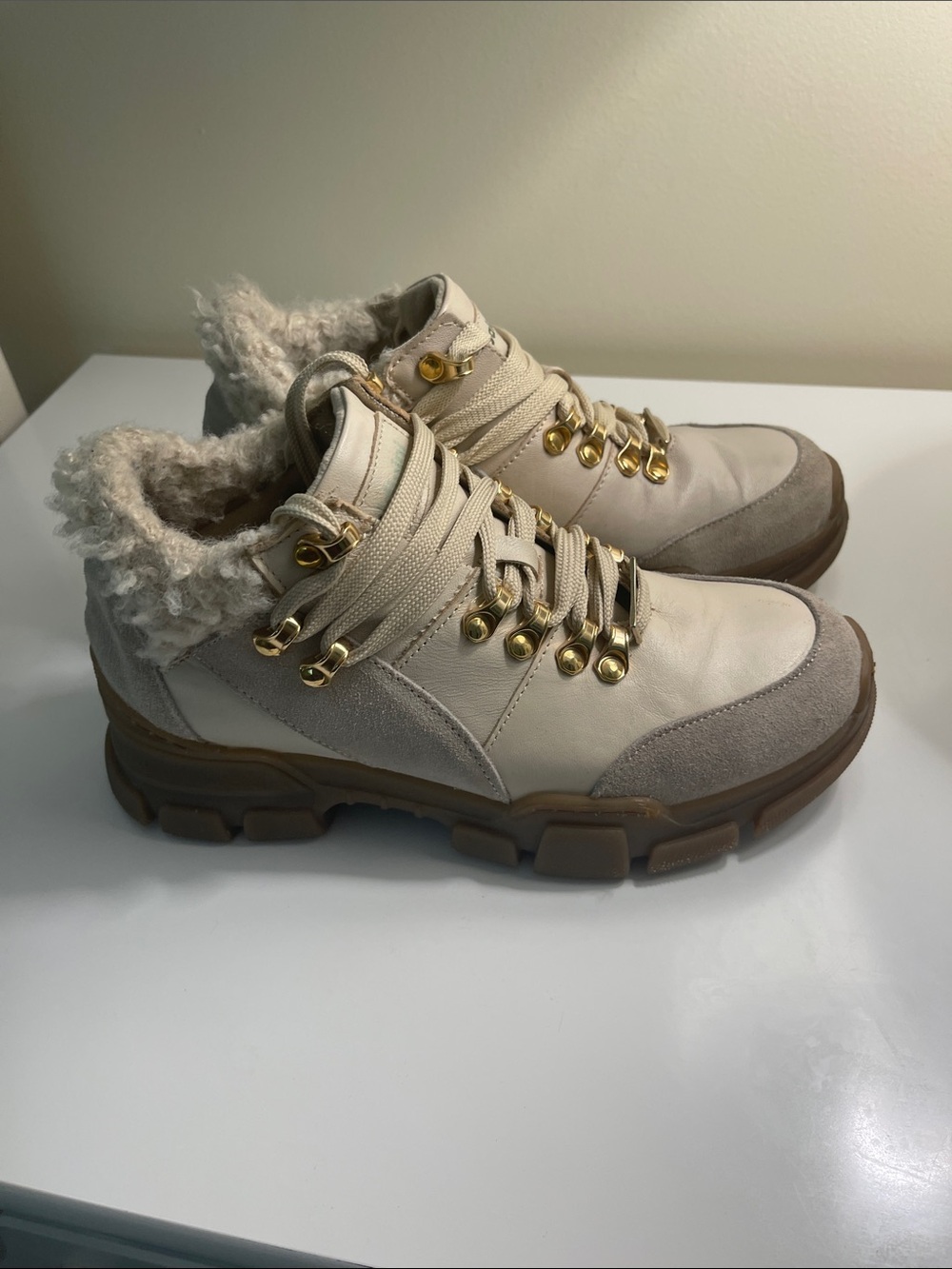 Baldinini Cream and Taupe Leather Shearling-Trim Hiking Sneakers